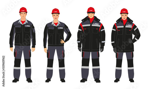A set of branded overalls. Man and woman in warm branded work clothes. Jackets and down jackets. Gray and black colors