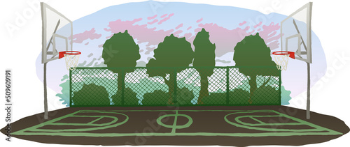 Illustration of an outdoor basketball court. Park, landscape, sports, street, eps ready to use. For your design