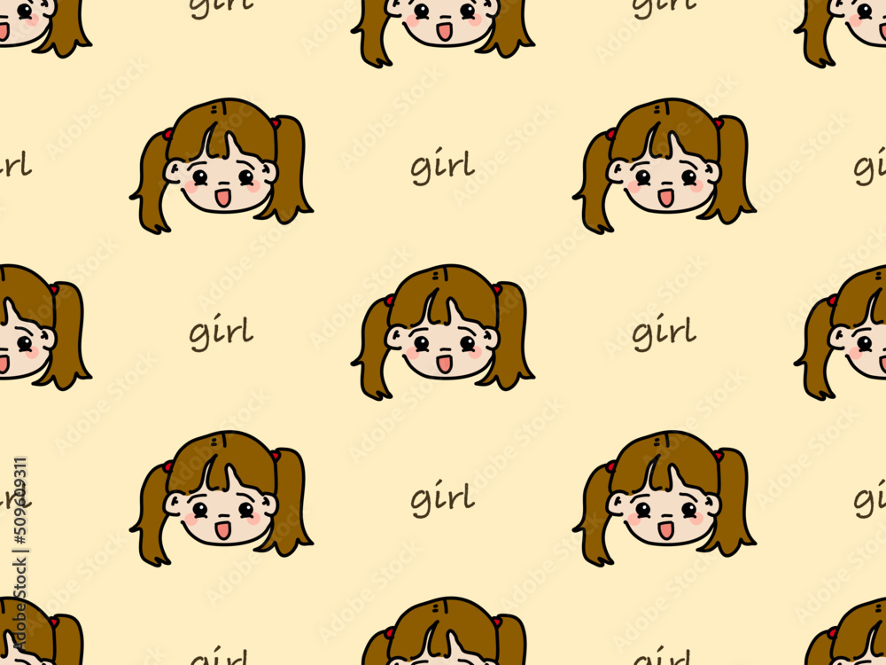 Obraz premium Girl cartoon character seamless pattern on yellow background.