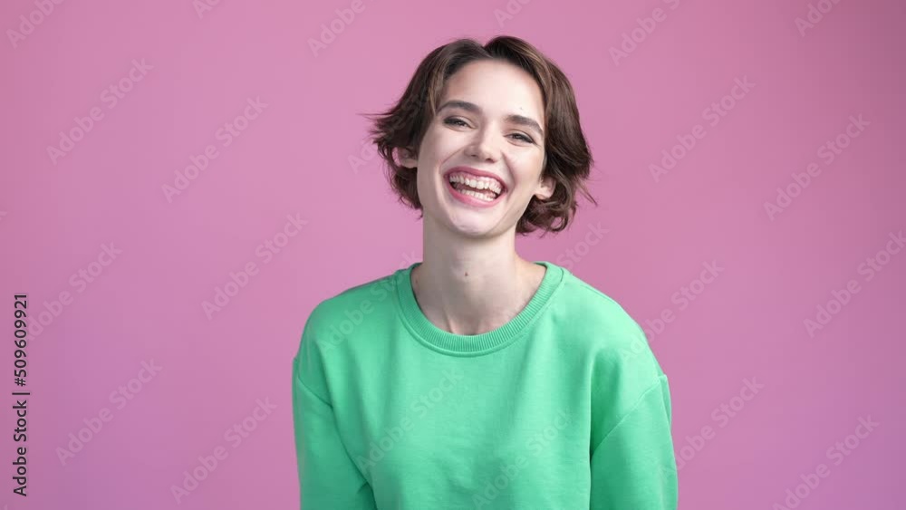 Positive lady approve great thought isolated pastel color background