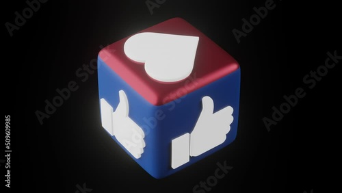 Rotating cube with social media likes. UHD animation 3d rendering.