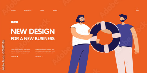 People holding lifebuoy together. Man and woman helping people with problem flat vector illustration. Customer support service, help in crisis concept for banner, website design or landing web page