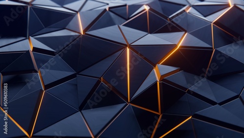 Blue triangles with orange glow 4k 3d render