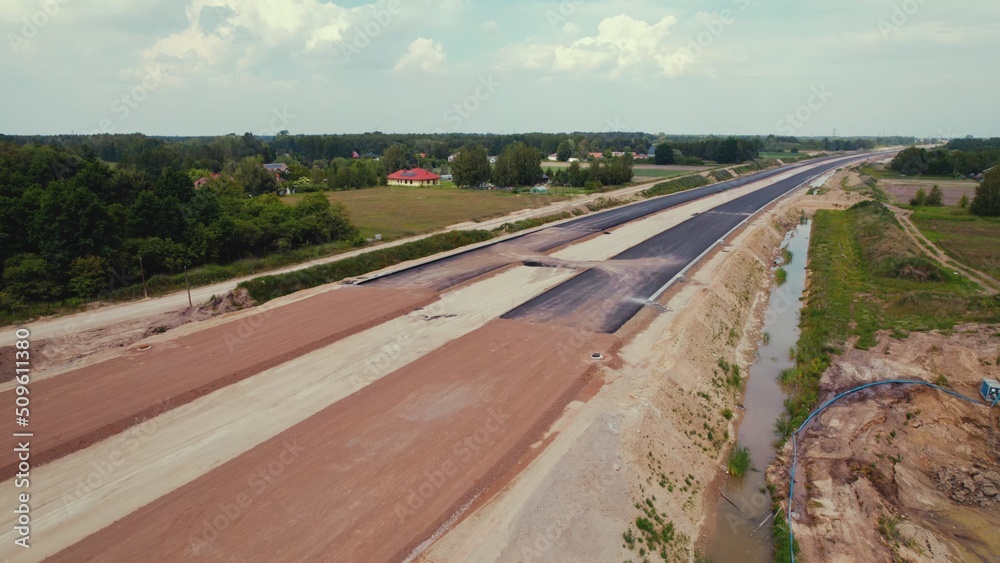 drone shot on a new highway road under construction. High quality photo