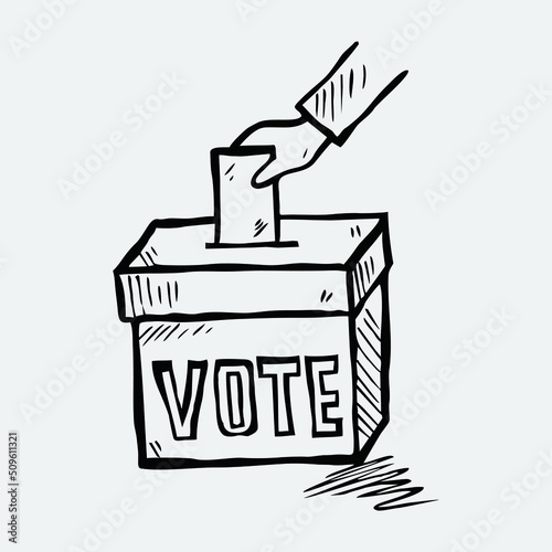 Sketch of hand putting vote bulletin into ballot box . Election concept sign, vector illustration