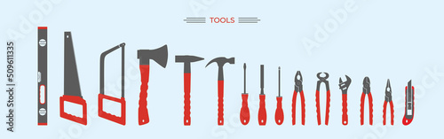 Hand working tools. Hand-held working tools set. Repair home and construction tools collection. Silhouettes. Pliers. Hacksaw. Screwdriver. Hammer. Carpentry tools. Flat vector illustration. Isolated