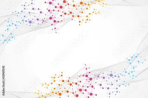 Structure molecule and communication. Dna, atom, neurons. Scientific concept for your design. Connected lines with dots. Medical, technology, chemistry, science background. Vector illustration