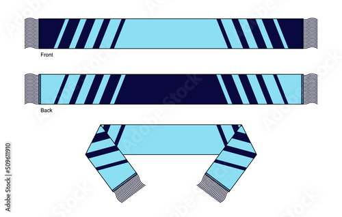 Light Blue-Navy Blue Soccer Fans Scarf Design On White Background.Front And Back View, Vector.