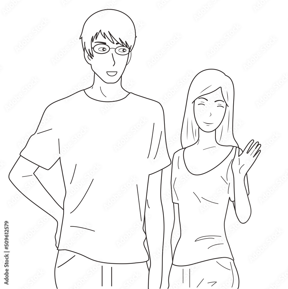Black and white flat illustration, vector. Boy and girl in love. Black and white flat illustration, vector. Boy and girl in love.