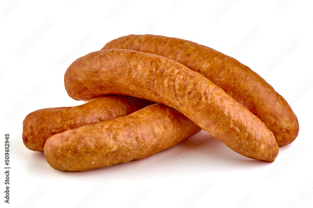 Smoked german bratwurst sausages, isolated on white background. Smoked german bratwurst sausages, isolated on white background.