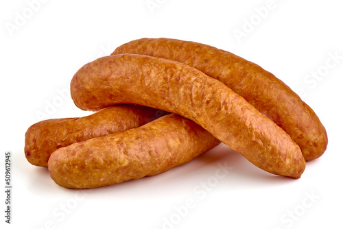 Smoked german bratwurst sausages, isolated on white background.