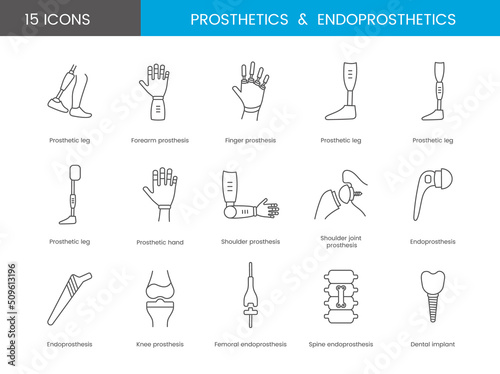 A set of line icons prosthetics in vector. The illustrations prosthetic arms and legs, shoulder endoprostheses