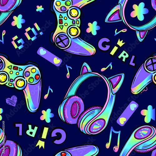 Abstract seamless pattern with headphones, pink joysticks.  Girlish gaming fashion  bright background for textile