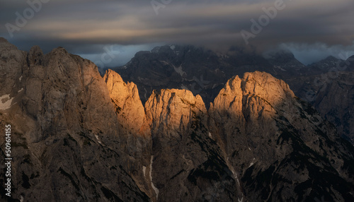 Mountains in the Julian Alps at sunset. 