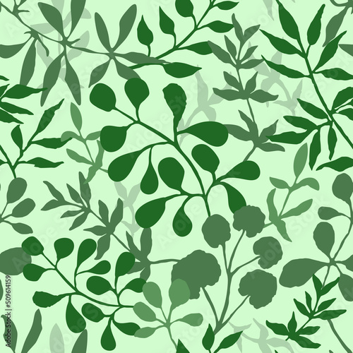 Seamless pattern with summer plants. Leaves  branches and herbs on a green background. Botanical vector illustration in flat style. Nature floral background for wrapping paper or textile.