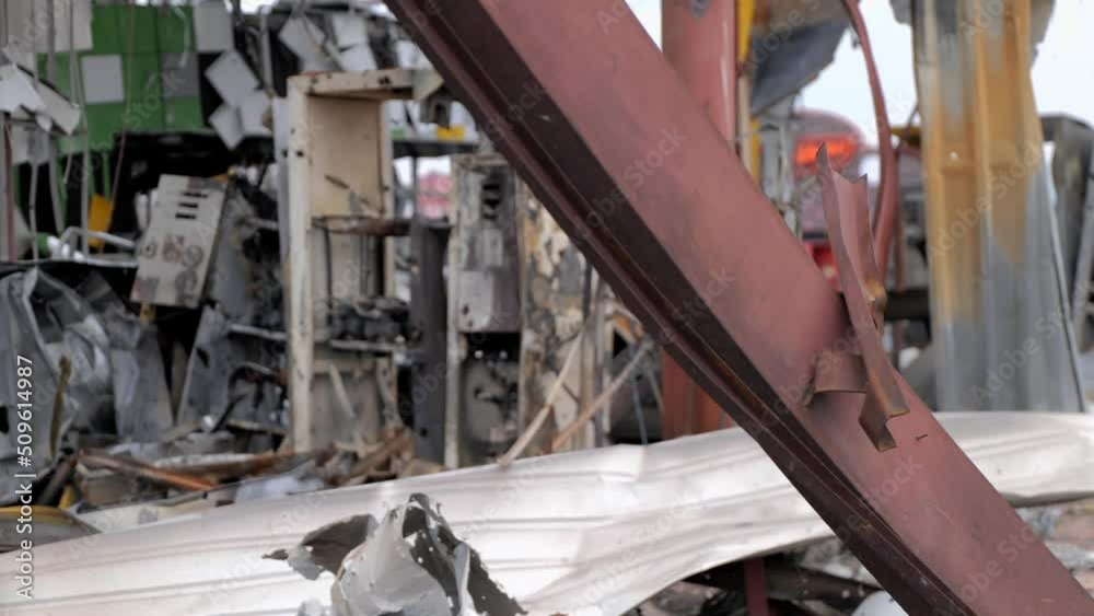 Russia Ukraine War. A bombed-out gas station. Destroyed gas station