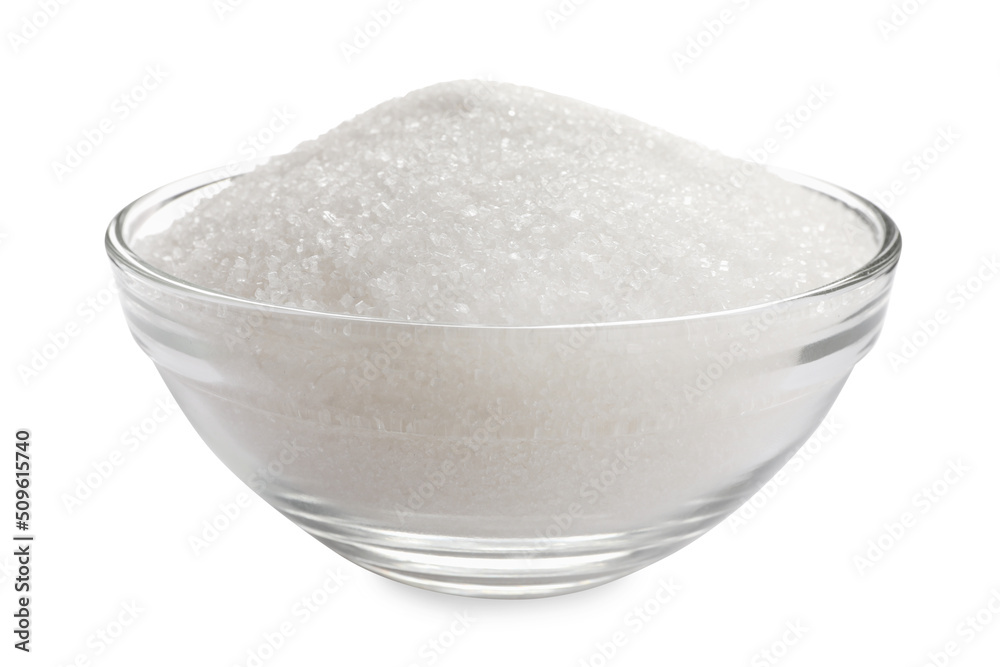 Granulated sugar in glass bowl isolated on white Granulated sugar in glass bowl isolated on white