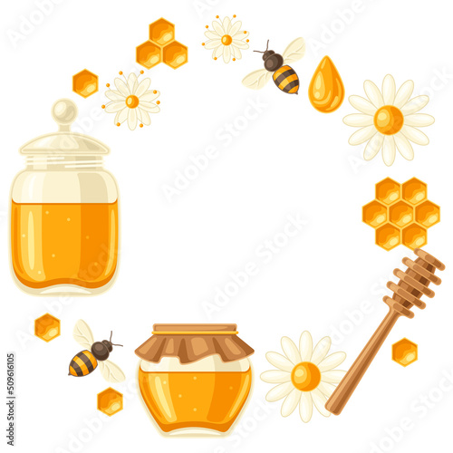 Frame with honey items. Image for food and agricultural industry.