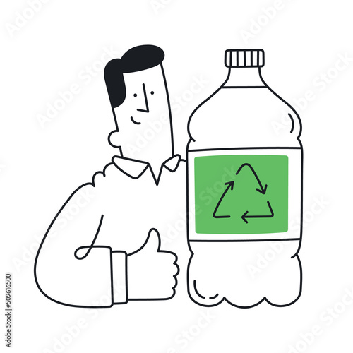 Man holding big recyclable bottle. Waste recycling, waste sorting, re-use of plastic materials. Outline, linear, thin line, doodle art. Simple style with editable stroke.