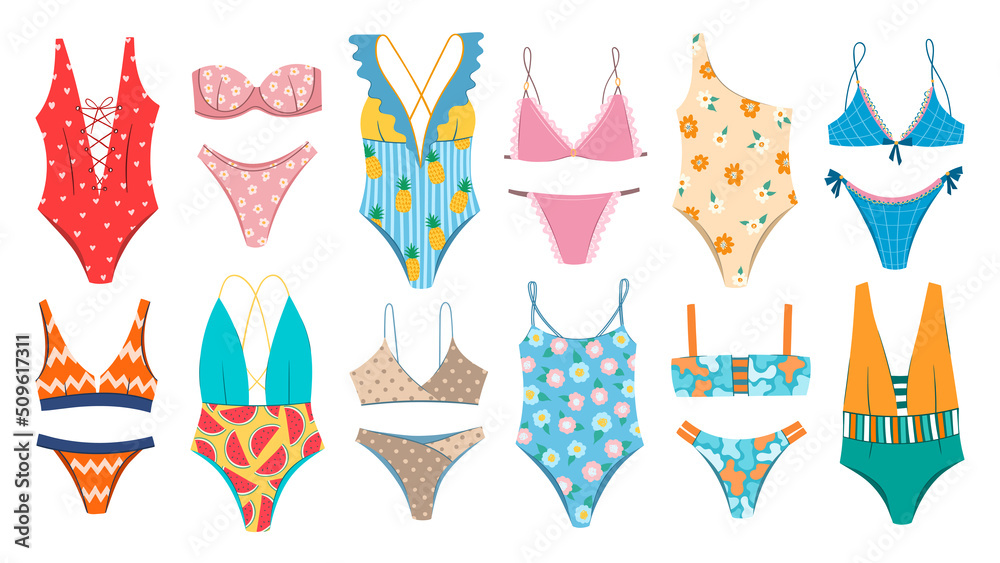 Swimming suits set. One piece swimsuits and bikini collection. Ladies clothes for summer vacation. Bikini and monokini sketch. Swimwear fashion. Swimming suits set. One piece swimsuits and bikini collection. Ladies clothes for summer vacation. Bikini and monokini sketch. Swimwear fashion.
