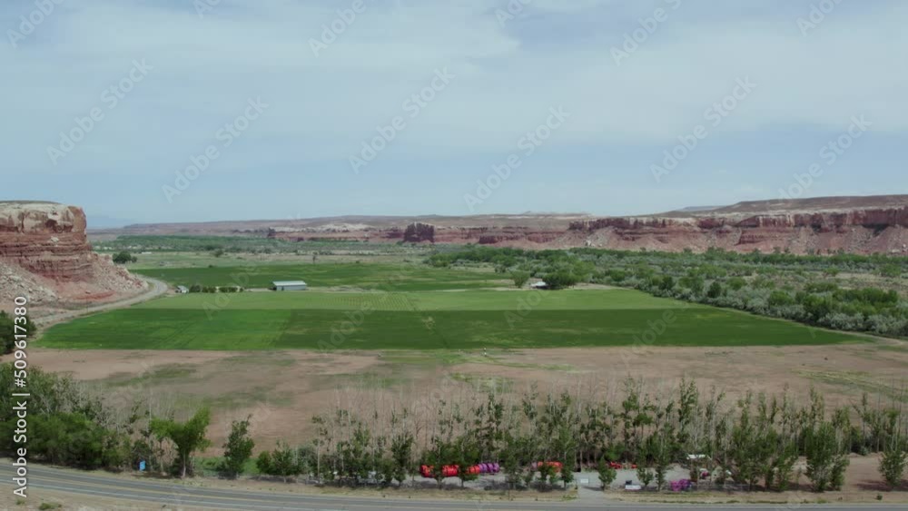 Green Farmland during Drought in Southwest Desert Town of Bluff, Utah - Aerial Green Farmland during Drought in Southwest Desert Town of Bluff, Utah - Aerial