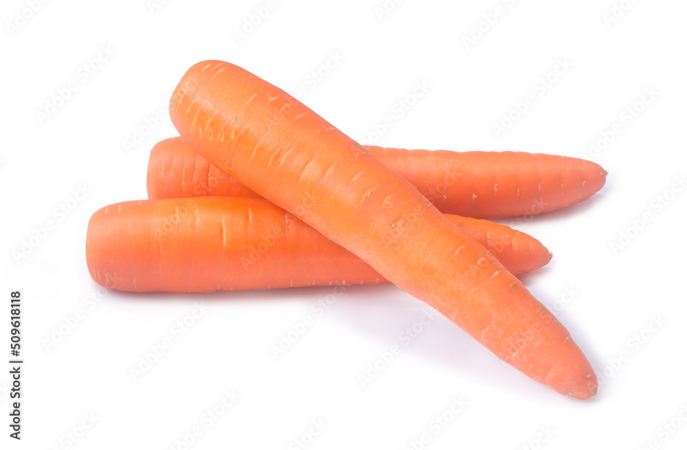 Three orange carrots vegetable in stack isolated on white background with clipping path Three orange carrots vegetable in stack isolated on white background with clipping path
