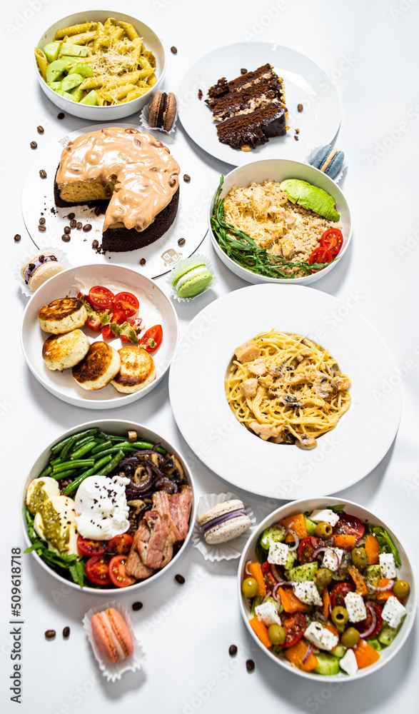 Set of different fresh dishes on white background. Banner design Set of different fresh dishes on white background. Banner design