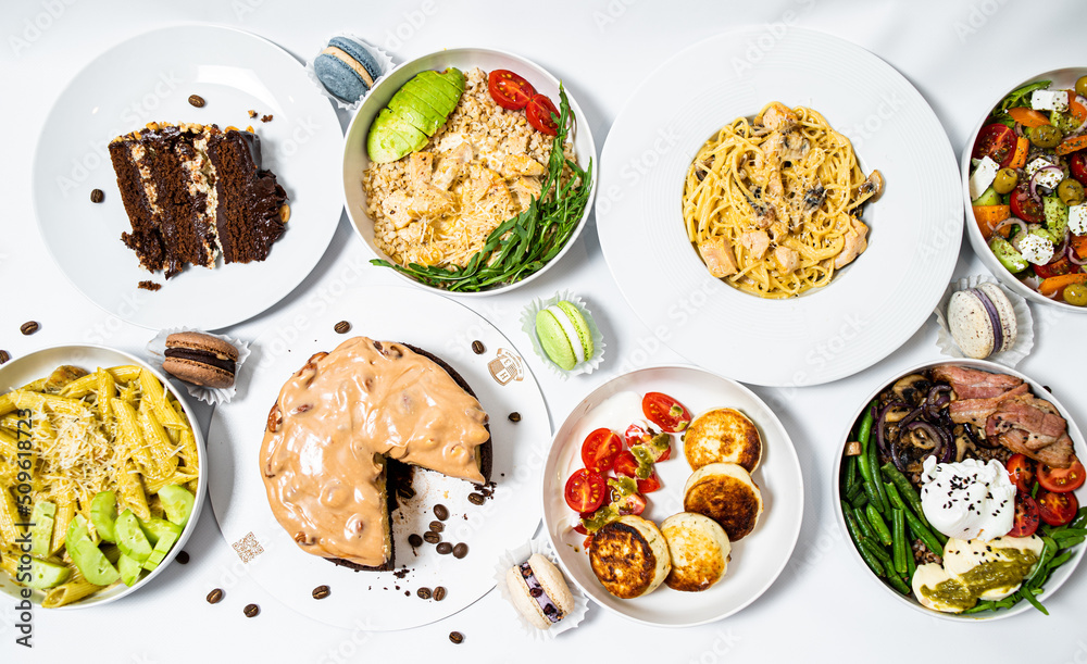 Set of different fresh dishes on white background. Banner design Set of different fresh dishes on white background. Banner design