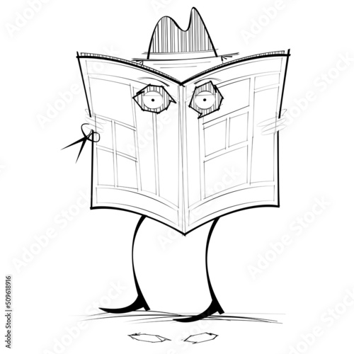 Man peeps through cut out holes in newspapers