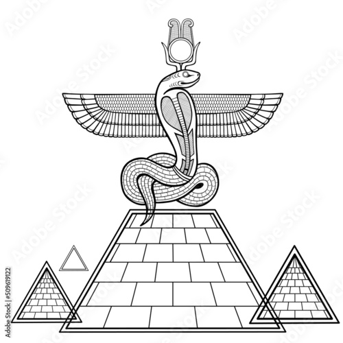 Animation linear drawing: God Apop (Sacred winged Serpent) sits atop the pyramid. Vector illustration isolated on a white background. Print, poster, T-shirt
