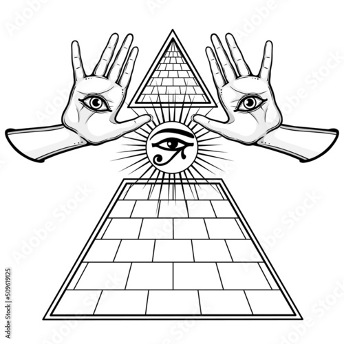 Animation monochrome drawing: sun disk emerges from Egyptian Pyramid. Eye of god Horus. Human hands. Alchemy, mysticism, occultism. Vector illustration isolated on a white background. 