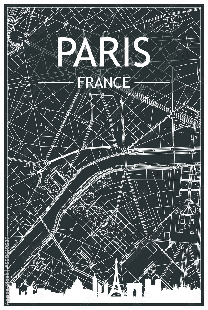 Dark printout city poster with panoramic skyline and hand-drawn streets network on dark gray background of the downtown PARIS, FRANCE