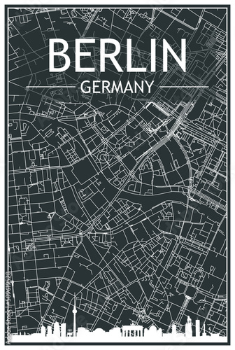 Dark printout city poster with panoramic skyline and hand-drawn streets network on dark gray background of the downtown BERLIN, GERMANY