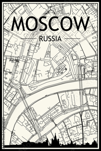 Light printout city poster with panoramic skyline and hand-drawn streets network on vintage beige background of the downtown MOSCOW, RUSSIA