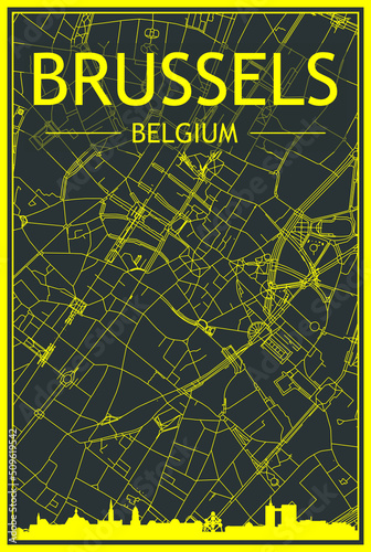 Yellow printout city poster with panoramic skyline and hand-drawn streets network on dark gray background of the downtown BRUSSELS, BELGIUM