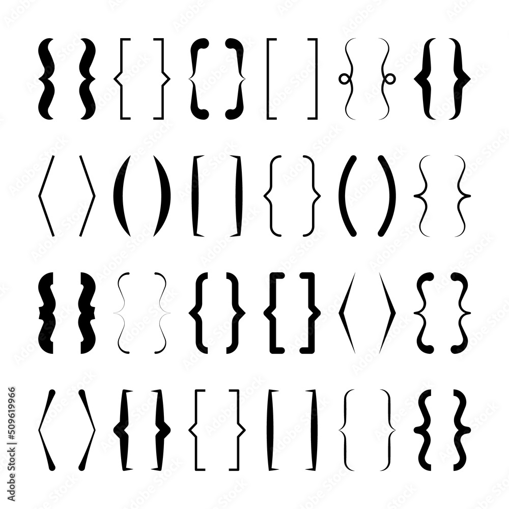 Text brackets collection, black quotation box. Curly, square and corner parentheses. Vintage typographical symbol, calligraphic quote frame. Doodle, lettering element. Vector illustration.