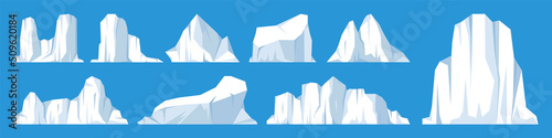 Floating icebergs collection. Drifting arctic glacier, block of frozen ocean water. Icy mountains with snow. Melting ice peak. Antarctic snowy landscape. South and North Pole. Vector illustration.