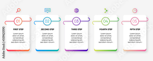 infographic steps rectangle future design. 5 steps with colorful lines. Modern infographic with shadow.  Orange, blue, purple, green, and pink options. Editable vector design.