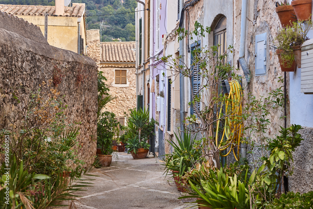 Picturesque stone street in Mallorca island. Bunyola village. Spain