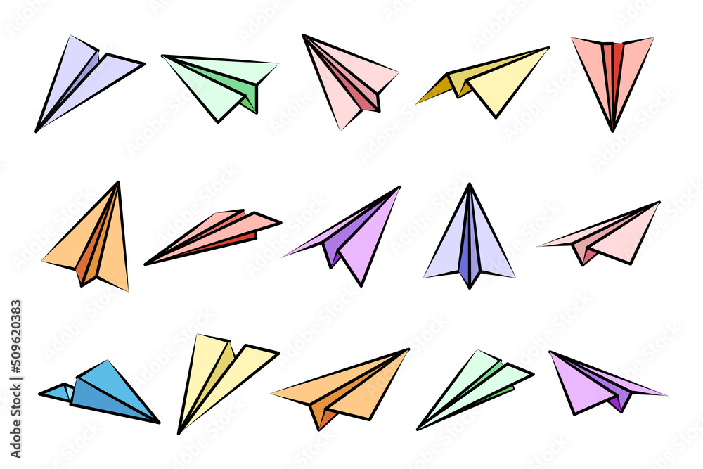 Various hand drawn paper planes. Colorful doodle airplanes. Aircraft icon, simple plane silhouettes. Outline, line art. Vector illustration. Various hand drawn paper planes. Colorful doodle airplanes. Aircraft icon, simple plane silhouettes. Outline, line art. Vector illustration.
