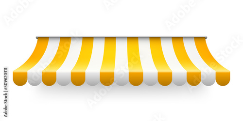Yellow shop sunshade isolated on white background. Realistic striped cafe awning. Outdoor market tent. Roof canopy. Summer street store. Vector illustration.
