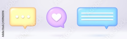 3d speech bubbles set, realistic chat dialogue quotes, social media communication elements isolated on gray background. Vector illustration.