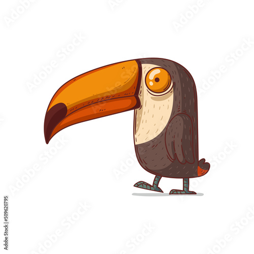 A Toucan, isolated vector illustration. Cute cartoon picture of a serene toucan standing on the ground. Drawn bird sticker. Simple drawing of tropical bird on white background.