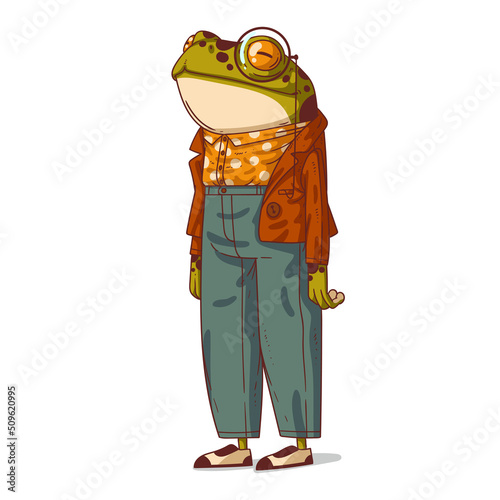 A Clever Frog, isolated vector illustration. Calm trendy dressed anthropomorphic frog, wearing a monocle and looking at something with interest. Humanized toad. An animal character with a human body.