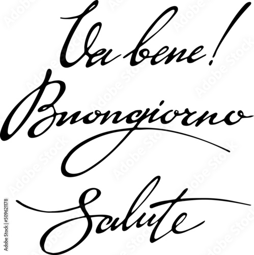 Vector set: words in italian language. Ok, hello, health. Isolated black on white. Lettering. Elements for design card, poster.