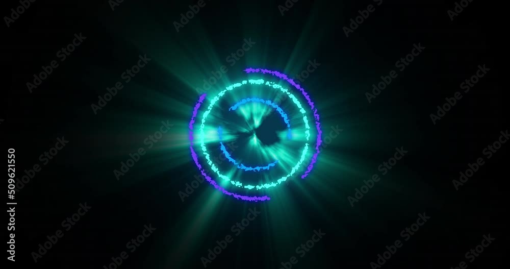 Animation of glowing green, blue and purple circles over black background Animation of glowing green, blue and purple circles over black background