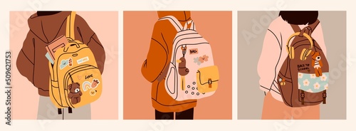 Person wearing oversized clothing standing with backpack. Rear View. Backpack with books, toy and patches, label. Back to school, college, education, study concept. Set of three Vector illustrations