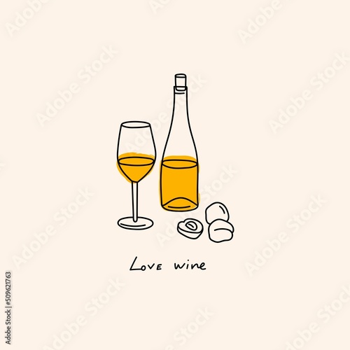 Bottle and glass of sweet or dry Wine. White wine, fruits. Traditional wine snacks. Hand drawn modern Vector illustration. Logo, icon, menu design template