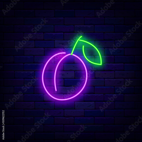 Plum neon icon. Fruit shop sign. Healthy vegan eating. Slot machine element. Vector stock illustration