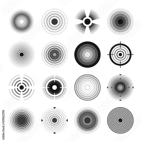 Various weapon sights, black crosshair icons. Aim, shooting mark symbol. Military target sign, silhouette. Radial sonar sound waves, radio signal. Vector illustration